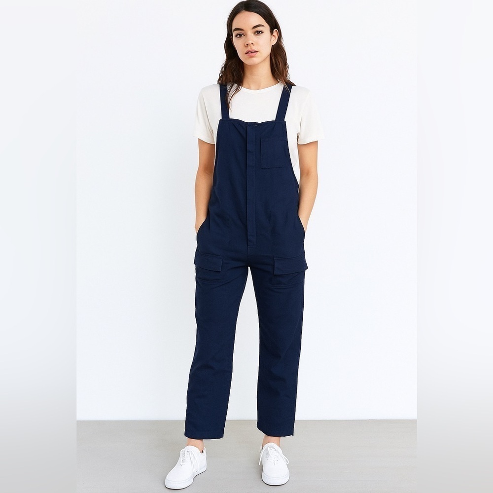 ZARA Overalls Slouchy 100% cotton Navy Bib jumpsuit relaxed fit women’s size 6